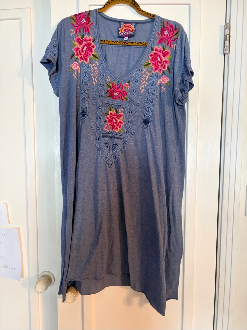Johnny Was Slate Blue Tunic with Pink Floral Embroidery